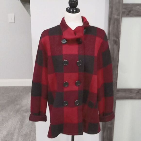 Keren Hart black and red buffalo plaid pea coat / jacket size XL 0100889 - Picture 1 of 3